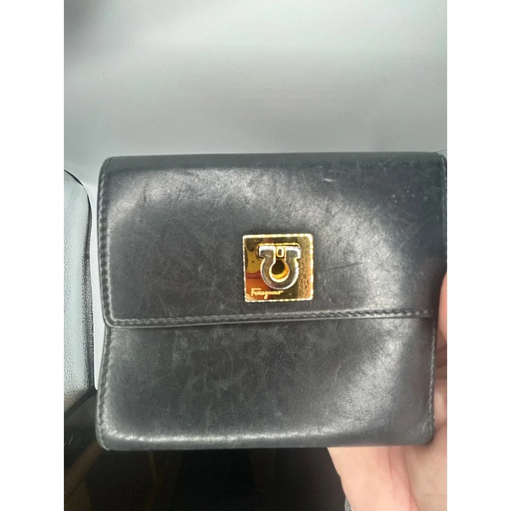 Salvatore Ferragamo‎ Black Leather Gancini Lock Tri Fold Wallet#118